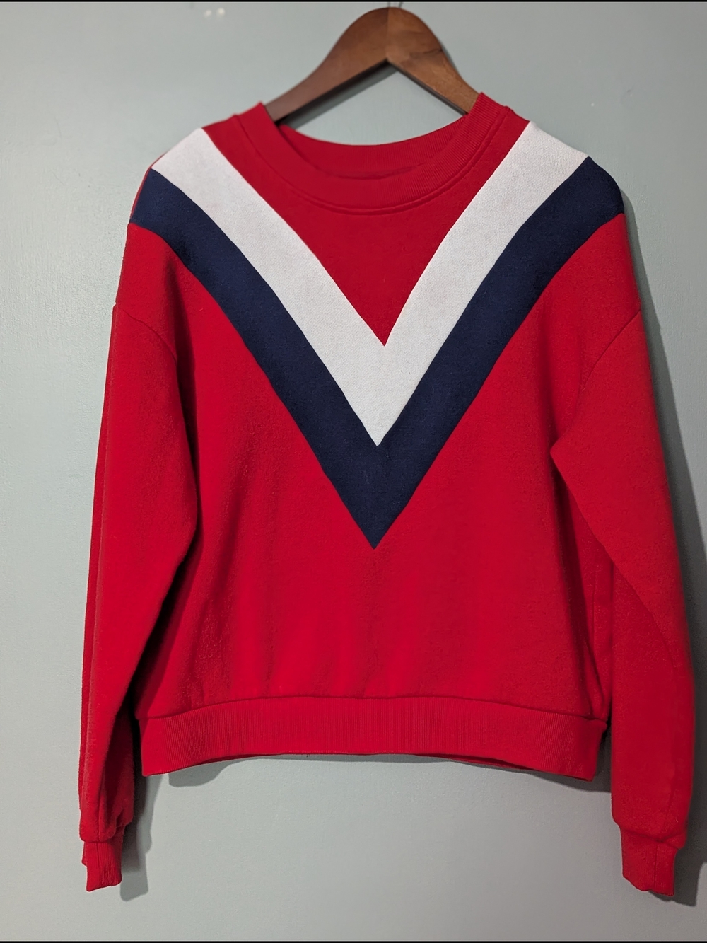 Bluenotes Women's Red Chevron V-Neck Varsity Sweater Retro Sporty 80s Casual